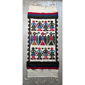 Vintage Native Peruvian Friendship Rug Wool Tapestry 66x28 Rainbow Folk Art